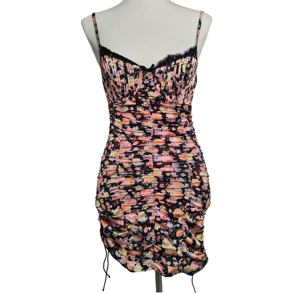 For Love and Lemons mini dress XS corset floral black lace coquette rouched